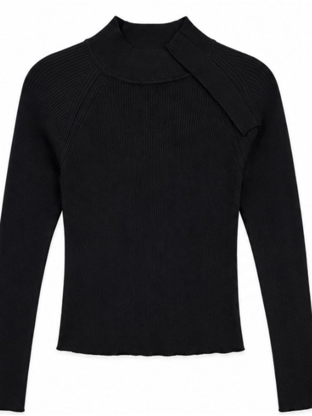 Zaful Black Ribbed Mock Neck Sweater with Shoulder Tie